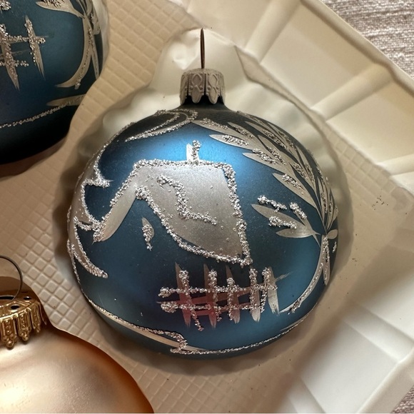 Vintage Set 4 Christmas By Krebs Blue Gold Glitter Glass Ball Ornaments Crowns - Picture 4 of 11